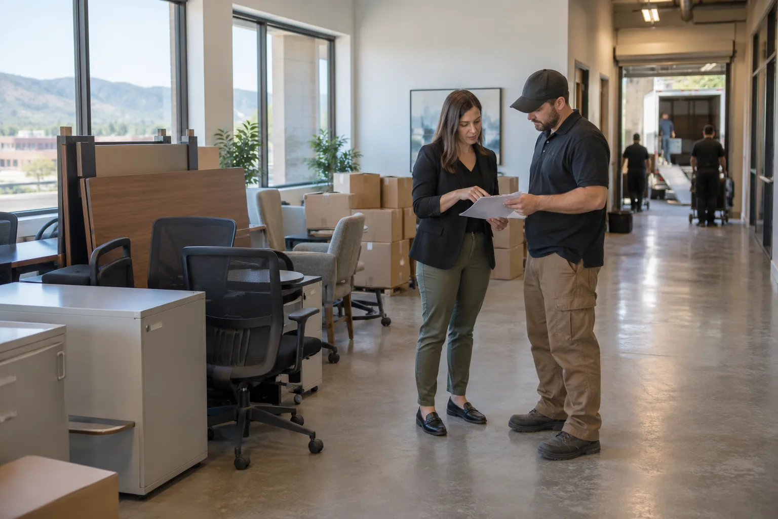 Property manager and removal lead reviewing an item list during a commercial site walk-through